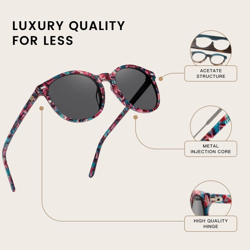 DUCO Retro Round UV400 Polarized Sunglasses for Women Men Vintage Shades Classic Acetate Trendy Fashion Sunglass DC1230 (Candy Phoenix Frame Grey Lens) - Image 5