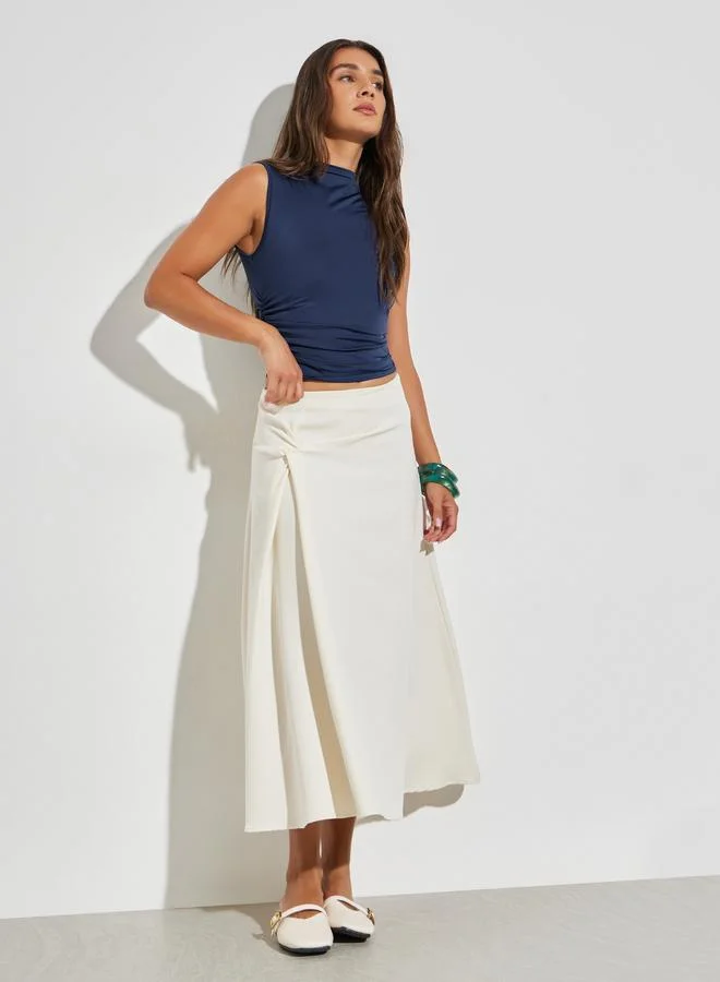 Take Two Navy Blue Solid High Neck Ruched Top
