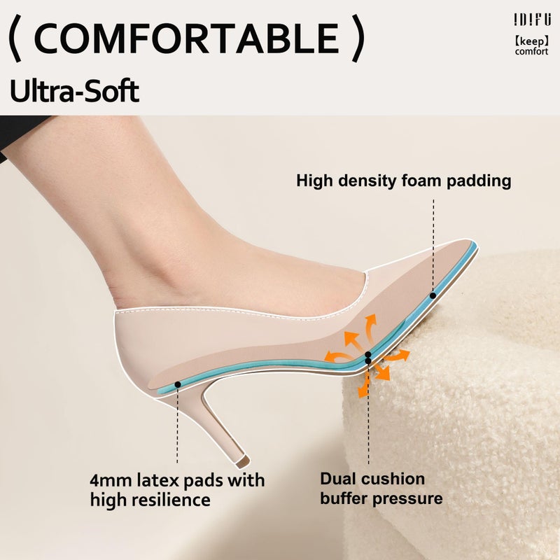 IDIFU Nude High Heels Pumps Closed Toe Heels Women's Pumps Stiletto Pointed Toe Dress Shoes Wedding Prom Bridal Work Office Bride Trendy Dressy Comfortable Classic Pumps Shoes(Nude Nubuck,7.5) - Image 3