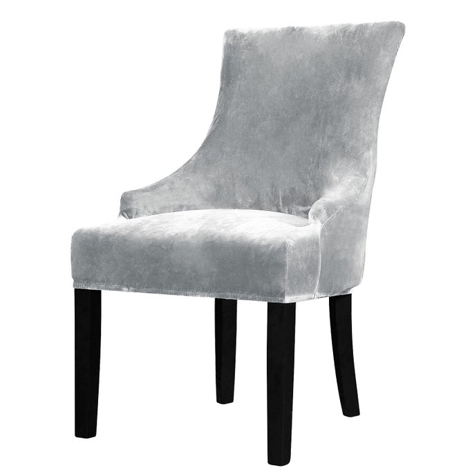 VELVET STRETCH WINGBACK CHAIR COVER SLIPCOVER REUSABLE PROTECTOR COVER FOR DINING ROOM BANQUET HOME DECOR ETC MACHINE WASHABLE HAND WASHABLE SILVER GREY 1PC