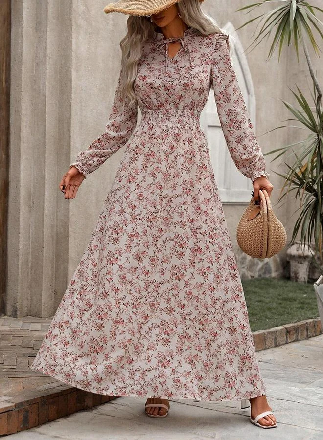 تايك تو فستان طويل مطبع بالزهور وتفاصيل كشكشة