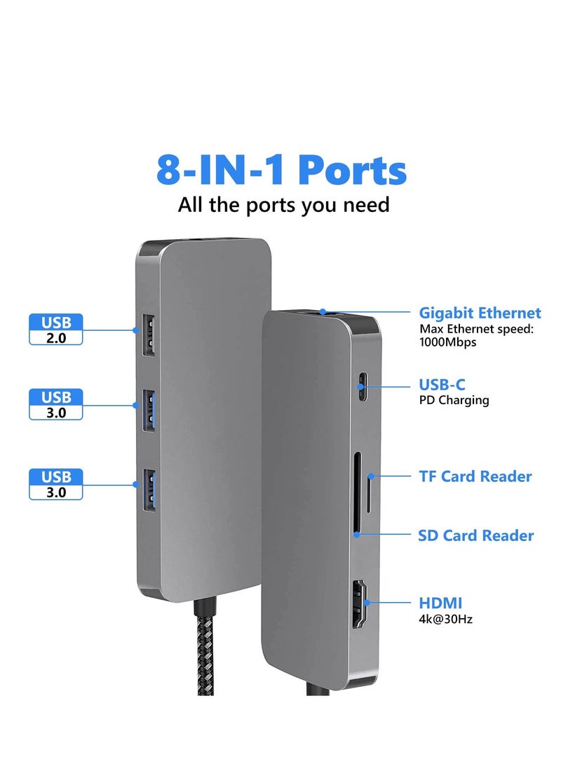 Arabest - موزع USB C 8 في 1 مع محول HDMI 4K، ومنفذ إيثرنت بسرعة 1000 ميجا بت في الثانية، وشحن PD بقوة 100 وات، وقارئ بطاقات SD 3.0 وTF 3.0، ومنفذ USB 3.0 ومنفذ USB 2.0 للكمبيوتر المحمول USB-C وجهاز من النوع C - Image 1