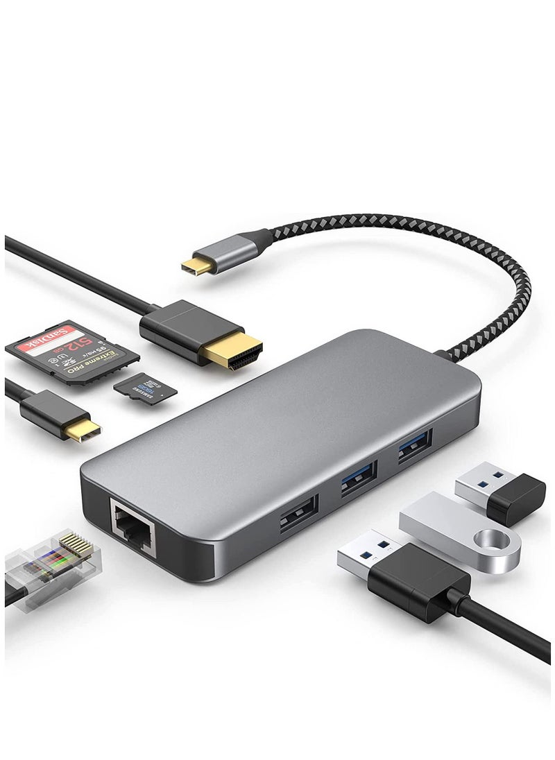 Arabest - موزع USB C 8 في 1 مع محول HDMI 4K، ومنفذ إيثرنت بسرعة 1000 ميجا بت في الثانية، وشحن PD بقوة 100 وات، وقارئ بطاقات SD 3.0 وTF 3.0، ومنفذ USB 3.0 ومنفذ USB 2.0 للكمبيوتر المحمول USB-C وجهاز من النوع C - Image 1