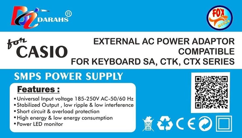Foxmicro شاحن محول طاقة 9.5 فولت متوافق مع آلة كاسيو الموسيقية - SA-46، SA-47، SA-76، SA-77، SA-778 Ade95 Ade95100، أسود - Image 4