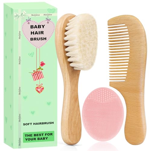 Molylove 3PCS Baby Hair Brush with Wooden Handle and Comb Set for Newborns Toddlers Natural Soft Goat Bristles l Wood Comb l Pink Silicone Brush Ideal for Cradle Cap - Image 1