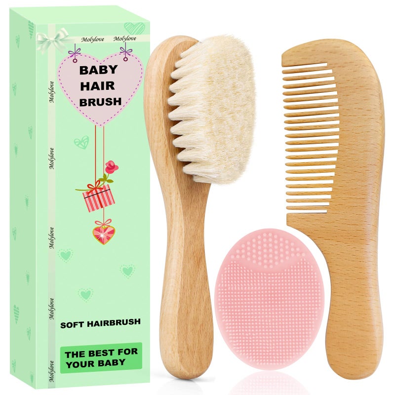 Molylove 3PCS Baby Hair Brush with Wooden Handle and Comb Set for Newborns Toddlers Natural Soft Goat Bristles l Wood Comb l Pink Silicone Brush Ideal for Cradle Cap - Image 3