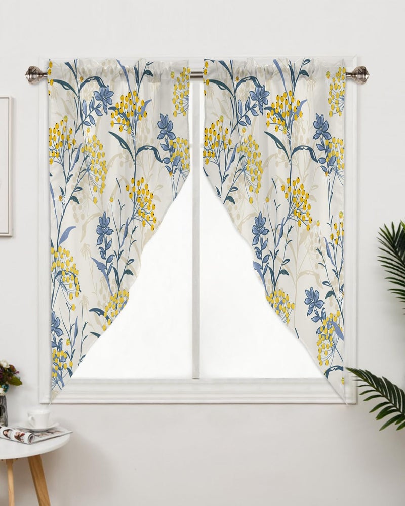 YOKOU Swag Curtains  Blue Leaves Yellow Berries Floral Summer Farm Plant Print Kitchen Curtains Valance Tiers for Small Window Bedroom Bathroom  Rod Pocket 2 Panel  36""x36"" - Image 3