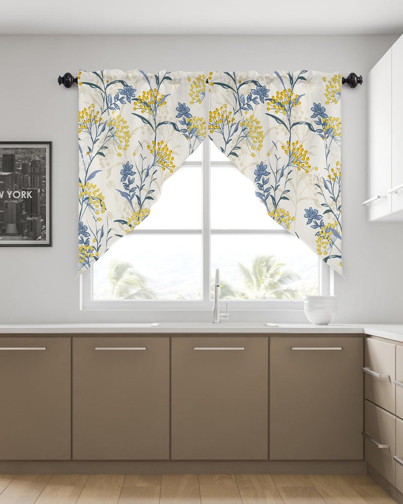 YOKOU Swag Curtains  Blue Leaves Yellow Berries Floral Summer Farm Plant Print Kitchen Curtains Valance Tiers for Small Window Bedroom Bathroom  Rod Pocket 2 Panel  36""x36"" - Image 4