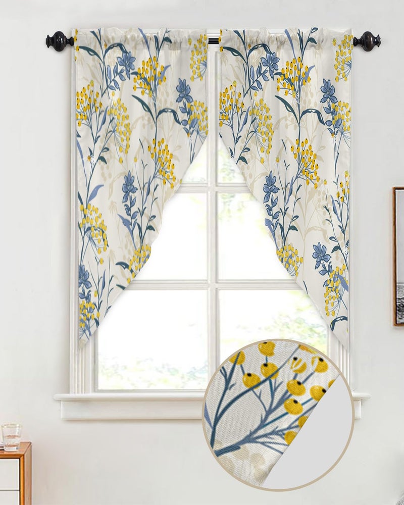 YOKOU Swag Curtains  Blue Leaves Yellow Berries Floral Summer Farm Plant Print Kitchen Curtains Valance Tiers for Small Window Bedroom Bathroom  Rod Pocket 2 Panel  36""x36"" - Image 2