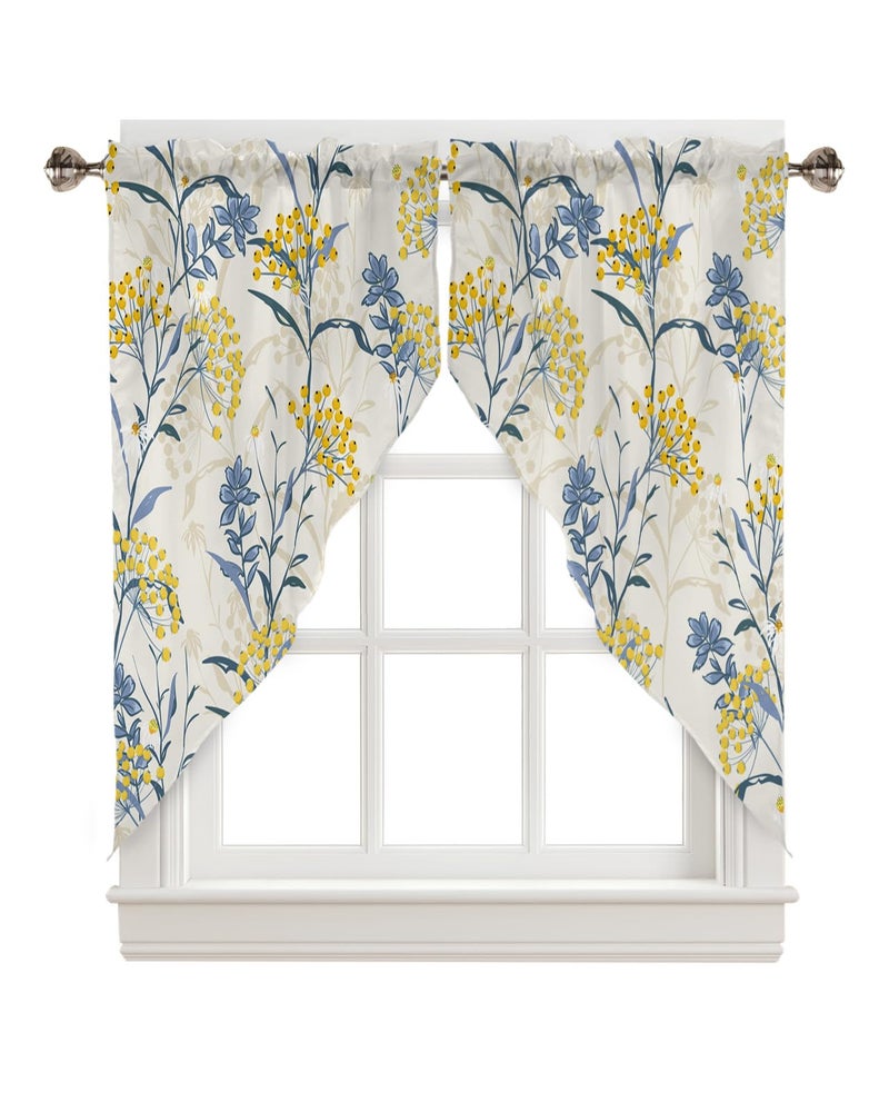 YOKOU Swag Curtains  Blue Leaves Yellow Berries Floral Summer Farm Plant Print Kitchen Curtains Valance Tiers for Small Window Bedroom Bathroom  Rod Pocket 2 Panel  36""x36"" - Image 1