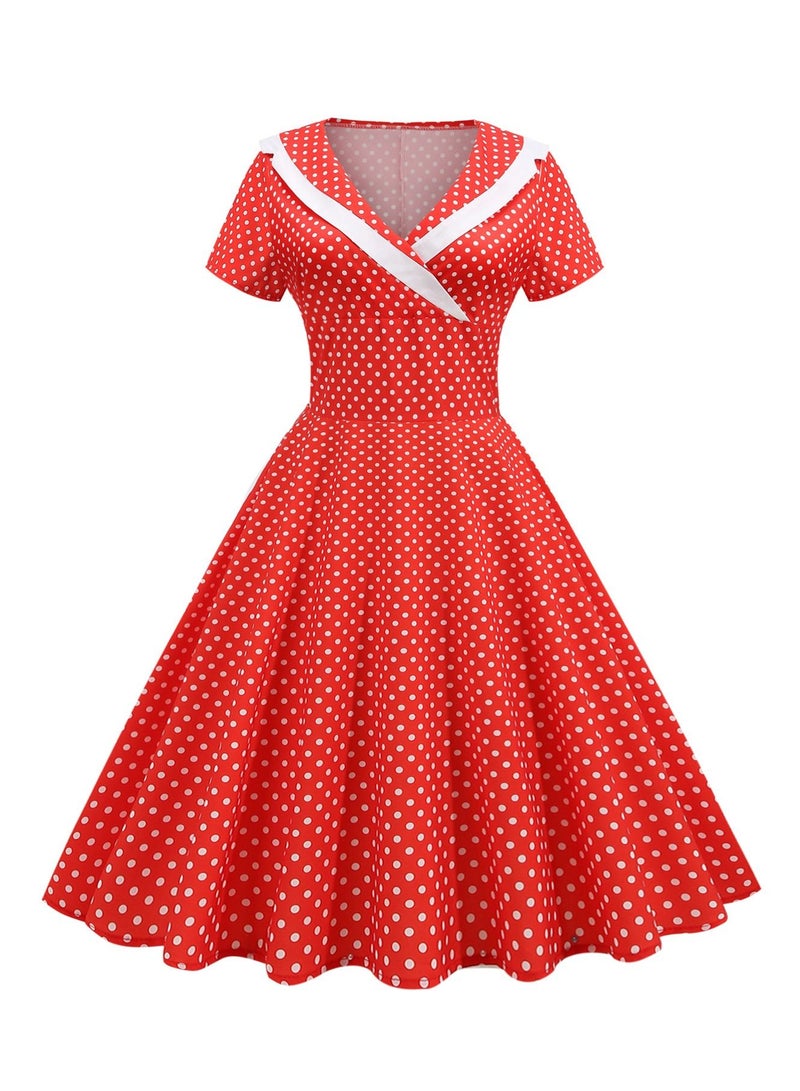 Loquat Vintage dress V-neck short sleeved polka dot large swing skirt Red  - Image 1