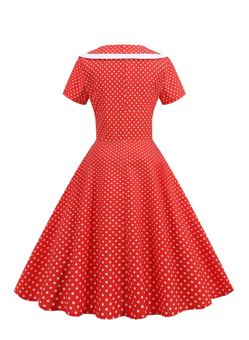 Loquat Vintage dress V-neck short sleeved polka dot large swing skirt Red  - Image 3