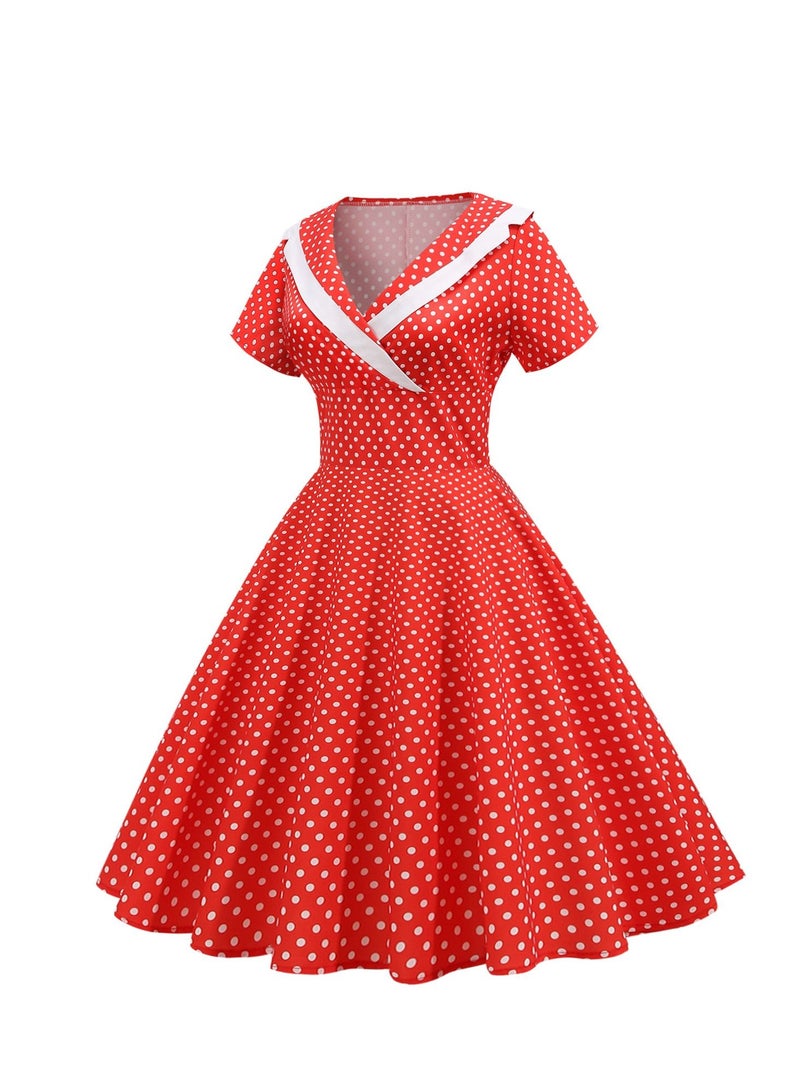 Loquat Vintage dress V-neck short sleeved polka dot large swing skirt Red  - Image 2