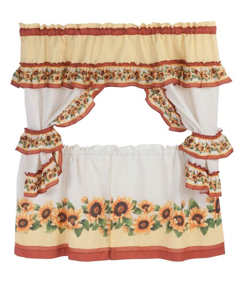 ACHIM Printed Cottage Window Curtain Set - 57 Inch Width, 24 Inch Length - Black Eyed Susan - Polyester Soft Window Treatment Include Valance, Attached Swaggers, Tiebacks & Two Tiers Home Decor - Image 1