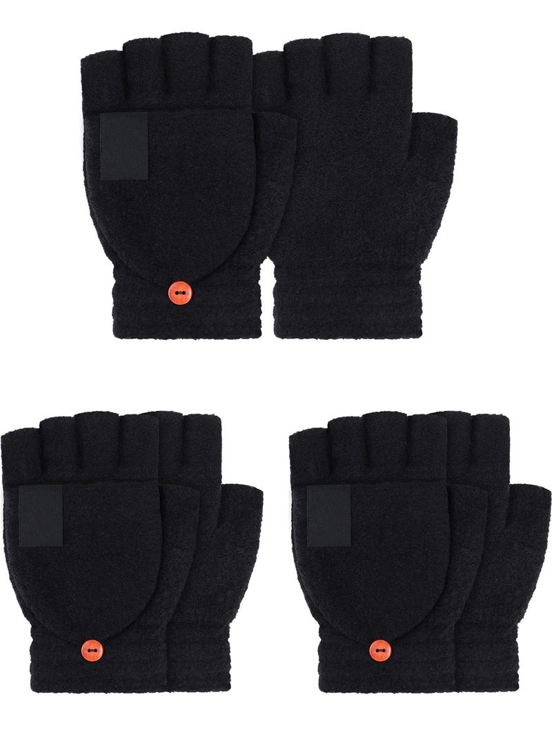 SATINIOR 3 Pack Winter Knitted Convertible Fingerless Gloves Flip Top Warm Half Finger Mittens for Men Women Texting Typing(Large,Black) - Image 1