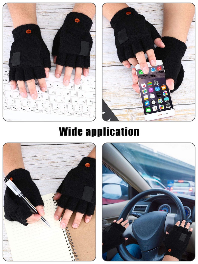 SATINIOR 3 Pack Winter Knitted Convertible Fingerless Gloves Flip Top Warm Half Finger Mittens for Men Women Texting Typing(Large,Black) - Image 4
