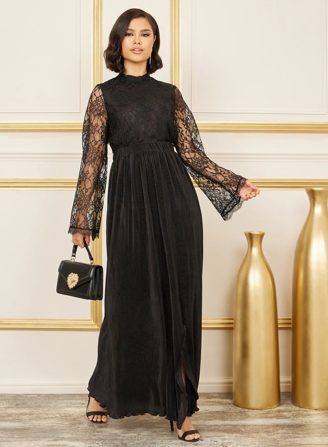 Styli Lace Detail High Neck Plisse Maxi Dress  - Image 1