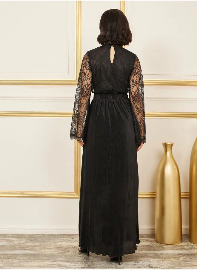Styli Lace Detail High Neck Plisse Maxi Dress