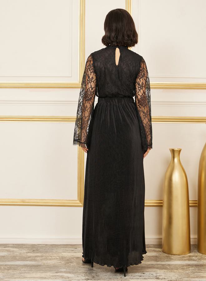Styli Lace Detail High Neck Plisse Maxi Dress  - Image 4
