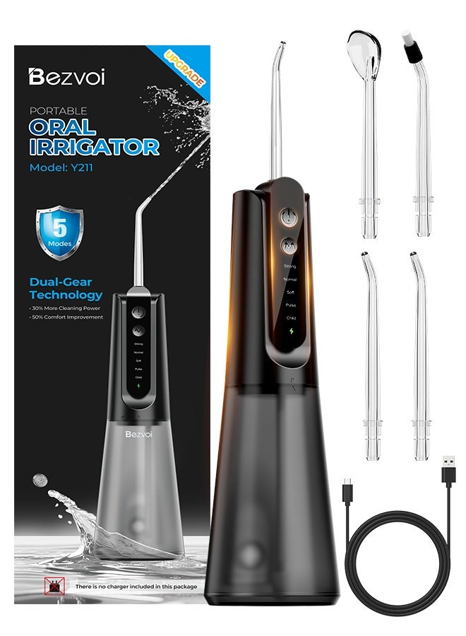 بزفوي خيط مائي محمول لتنظيف الأسنان: لطيف على اللثة الحساسة، بتقنية محرك ثنائي السرعة، جهاز irrigador dental بخمسة أوضاع للتقويم والعلاج التقويمي، مقاوم للماء بمعيار IPX7، لاسلكي ومناسب للسفر، باللون الأسود. - Image 1