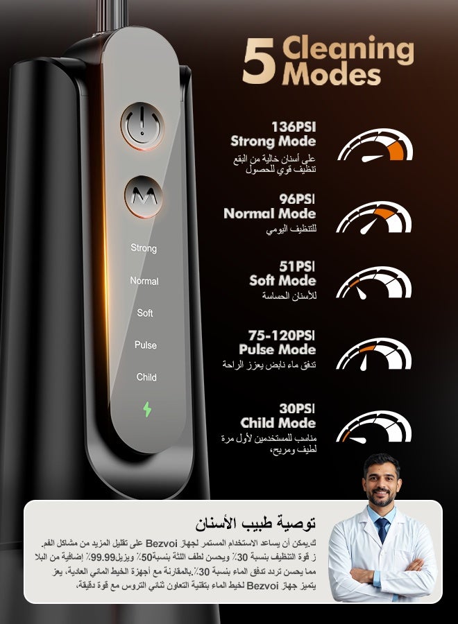 بزفوي خيط مائي محمول لتنظيف الأسنان: لطيف على اللثة الحساسة، بتقنية محرك ثنائي السرعة، جهاز irrigador dental بخمسة أوضاع للتقويم والعلاج التقويمي، مقاوم للماء بمعيار IPX7، لاسلكي ومناسب للسفر، باللون الأسود. - Image 3