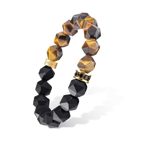 AWNL Men's 10mm Beaded Bracelet for Men with Tiger Eye and Black Onyx Bracelet Energy Healing Double Protection Chakra Bracelet with Lucky Wheel Charms, 6.3'' - 6.7'' - Image 1
