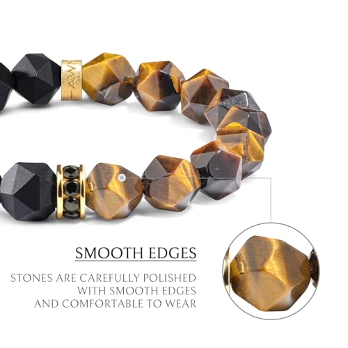 AWNL Men's 10mm Beaded Bracelet for Men with Tiger Eye and Black Onyx Bracelet Energy Healing Double Protection Chakra Bracelet with Lucky Wheel Charms, 6.3'' - 6.7'' - Image 5