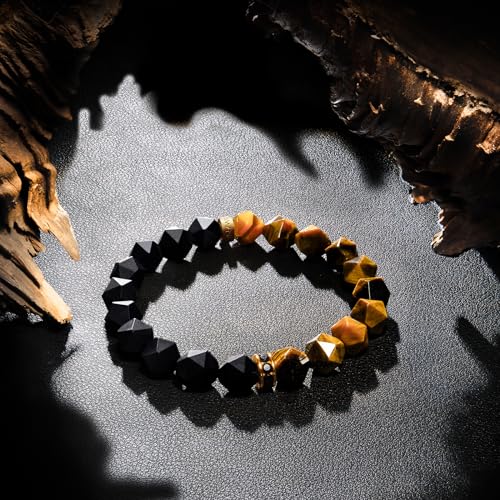 AWNL Men's 10mm Beaded Bracelet for Men with Tiger Eye and Black Onyx Bracelet Energy Healing Double Protection Chakra Bracelet with Lucky Wheel Charms, 6.3'' - 6.7'' - Image 3