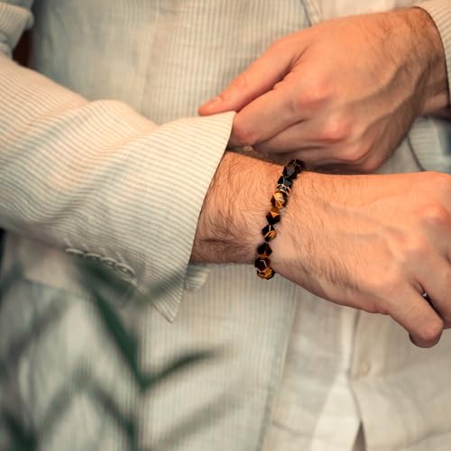 AWNL Men's 10mm Beaded Bracelet for Men with Tiger Eye and Black Onyx Bracelet Energy Healing Double Protection Chakra Bracelet with Lucky Wheel Charms, 6.3'' - 6.7'' - Image 2