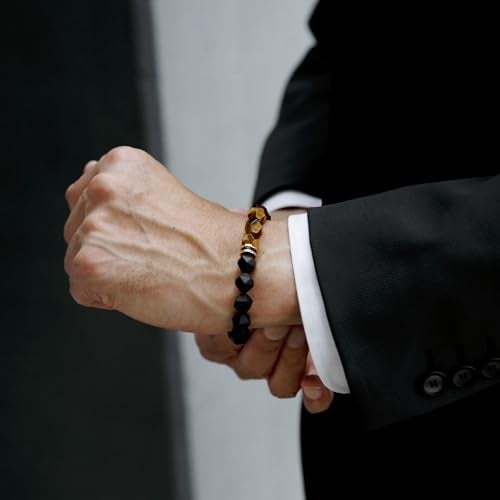 AWNL Men's 10mm Beaded Bracelet for Men with Tiger Eye and Black Onyx Bracelet Energy Healing Double Protection Chakra Bracelet with Lucky Wheel Charms, 6.3'' - 6.7'' - Image 4