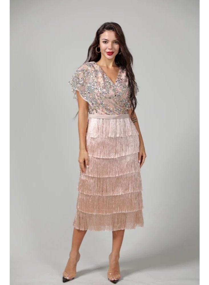 فول جوي فستان سهرة مطرز بالترتر مع تنورة كشكش طبقات ,فستان موضة ,فستان عصري وأنيق - Image 1