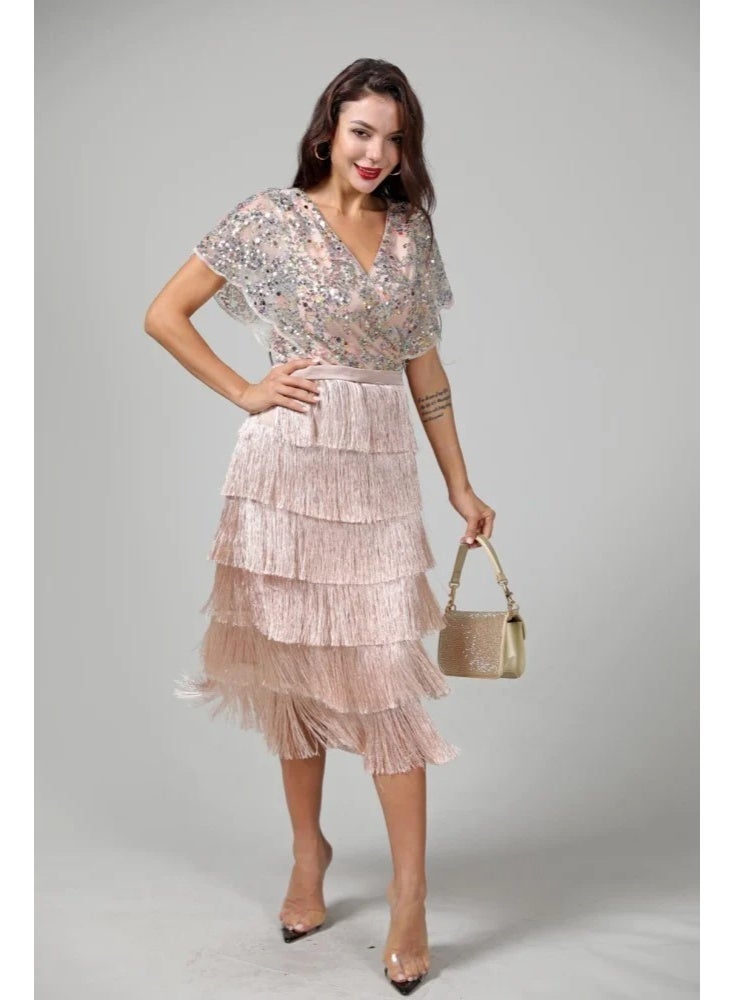 فول جوي فستان سهرة مطرز بالترتر مع تنورة كشكش طبقات ,فستان موضة ,فستان عصري وأنيق - Image 2