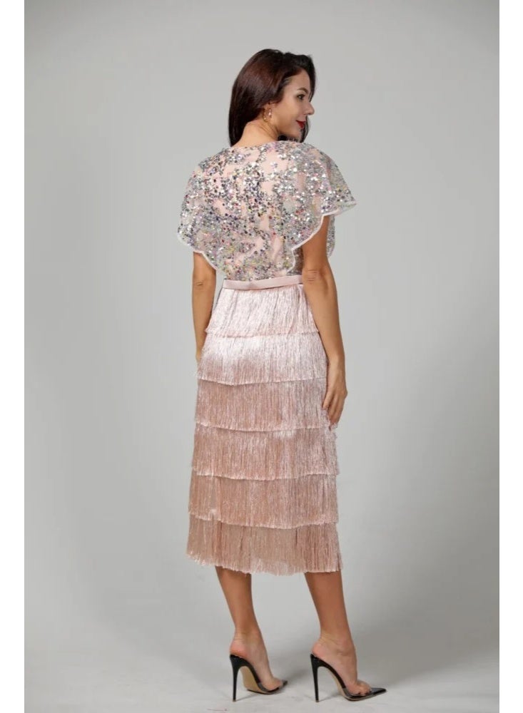 فول جوي فستان سهرة مطرز بالترتر مع تنورة كشكش طبقات ,فستان موضة ,فستان عصري وأنيق - Image 4