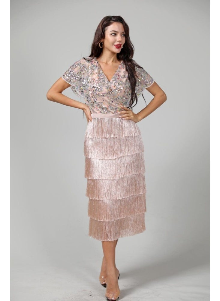 فول جوي فستان سهرة مطرز بالترتر مع تنورة كشكش طبقات ,فستان موضة ,فستان عصري وأنيق - Image 5