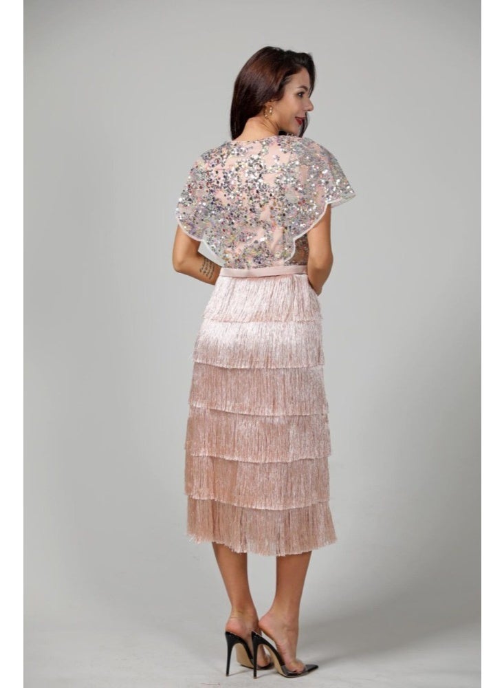 فول جوي فستان سهرة مطرز بالترتر مع تنورة كشكش طبقات ,فستان موضة ,فستان عصري وأنيق - Image 3