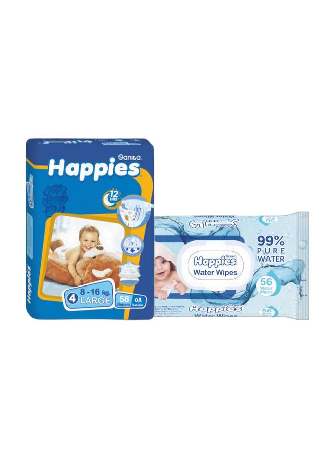 Happies Baby Diapers stretch Large (size 4) 58 diapers+ Baby wipes 56 pc - Image 1