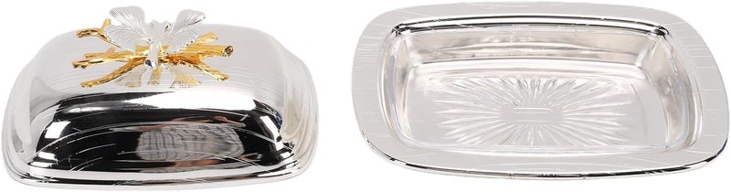 Butter Dish With Lid, 7.4x5.4in Rectangular Elegant European Design Sturdy Iron Alloy Butter Keeper, Metal Dish With Glass Tray For Kitchen Countertop Party Serving (Rectangle Silver) - Image 4