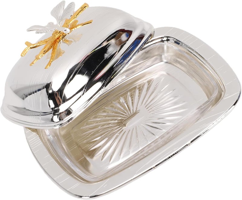 Butter Dish With Lid, 7.4x5.4in Rectangular Elegant European Design Sturdy Iron Alloy Butter Keeper, Metal Dish With Glass Tray For Kitchen Countertop Party Serving (Rectangle Silver) - Image 1