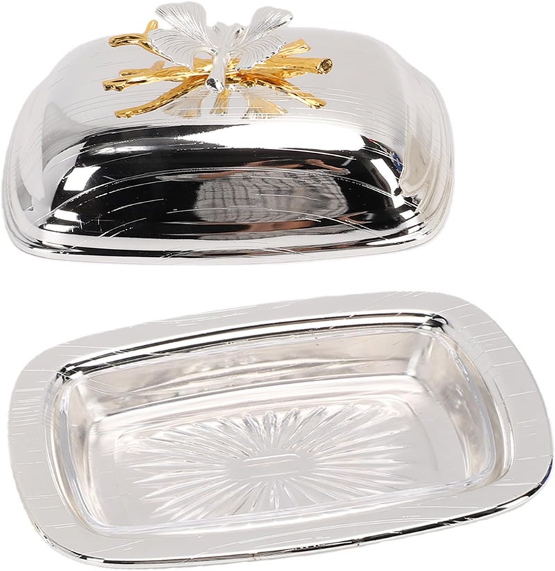 Butter Dish With Lid, 7.4x5.4in Rectangular Elegant European Design Sturdy Iron Alloy Butter Keeper, Metal Dish With Glass Tray For Kitchen Countertop Party Serving (Rectangle Silver) - Image 5