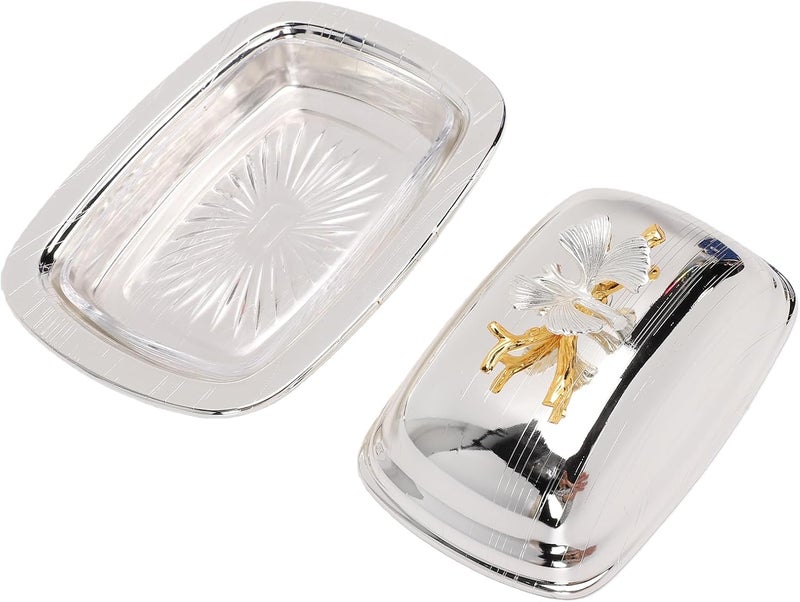 Butter Dish With Lid, 7.4x5.4in Rectangular Elegant European Design Sturdy Iron Alloy Butter Keeper, Metal Dish With Glass Tray For Kitchen Countertop Party Serving (Rectangle Silver) - Image 3