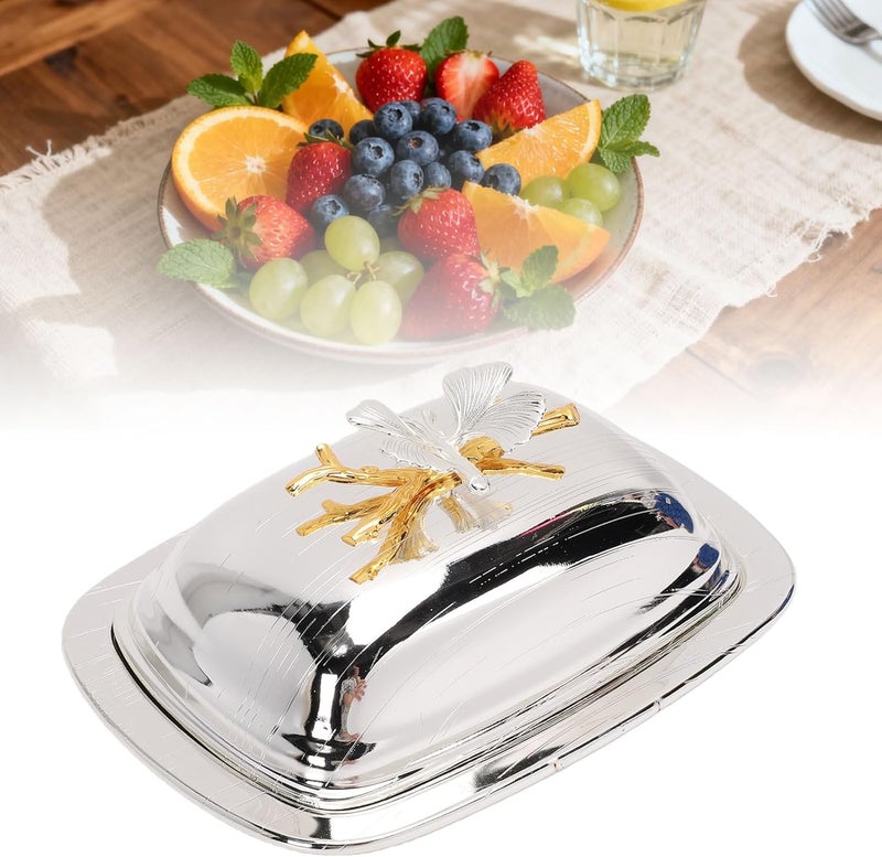 Butter Dish With Lid, 7.4x5.4in Rectangular Elegant European Design Sturdy Iron Alloy Butter Keeper, Metal Dish With Glass Tray For Kitchen Countertop Party Serving (Rectangle Silver) - Image 2