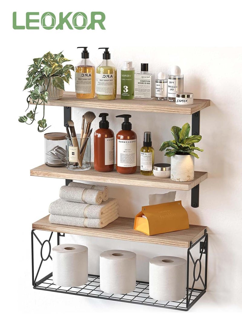 LEOKOR 3 Pieces Floating Shelves with Storage Basket, Bathroom Shelves Over Toilet Wall Mounted, Floating Shelves Farmhouse Shelf Home Organization, Rustic Wall Decor (Brown)  - Image 1