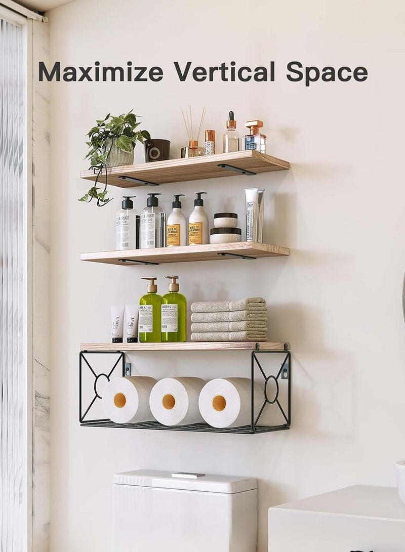 LEOKOR 3 Pieces Floating Shelves with Storage Basket, Bathroom Shelves Over Toilet Wall Mounted, Floating Shelves Farmhouse Shelf Home Organization, Rustic Wall Decor (Brown)  - Image 3