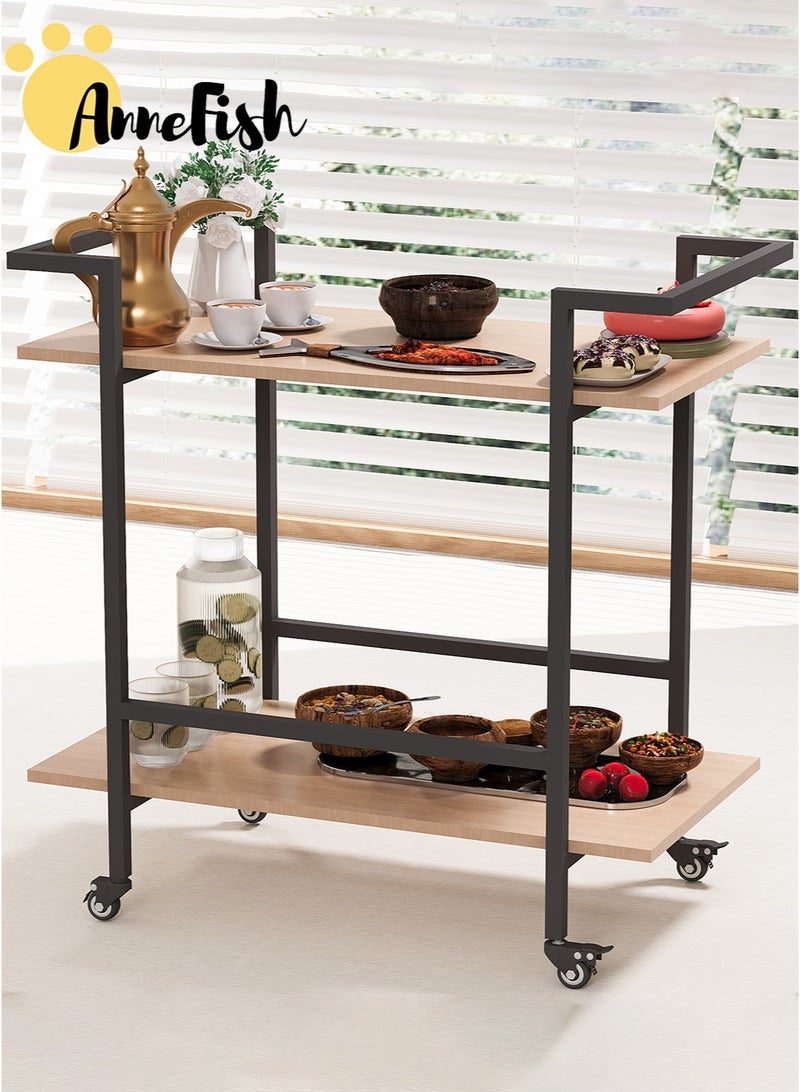 AnneFish 2 Tier Rolling Serving Trolley Home Dining Serving Cart with Wheels and Storage Shelves Beverage Cart with Protective Rails for Kitchen Dining Living Room - Image 1
