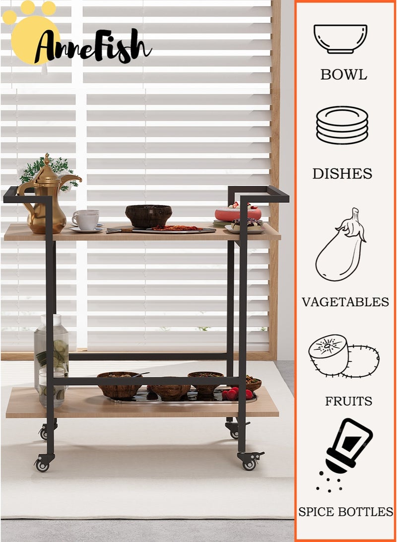 AnneFish 2 Tier Rolling Serving Trolley Home Dining Serving Cart with Wheels and Storage Shelves Beverage Cart with Protective Rails for Kitchen Dining Living Room - Image 3