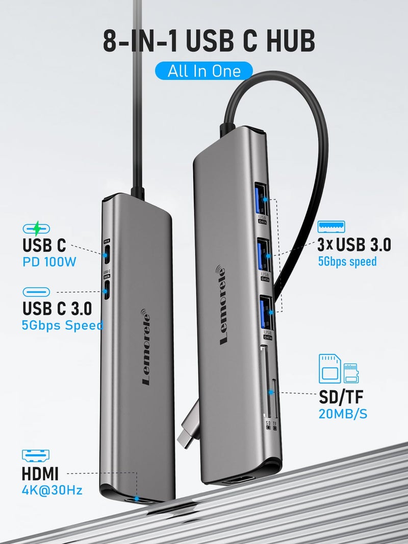 Lemorele 8-in-1 USB Hub for Laptop - 4K UHD HDMI Port, Space Aluminum Type-C Hub, USB 3.0 High-Speed Data Ports, PD 100W Fast Charging, SD/TF Card Slots, Compatible with Mac OS & Windows Systems - Image 2