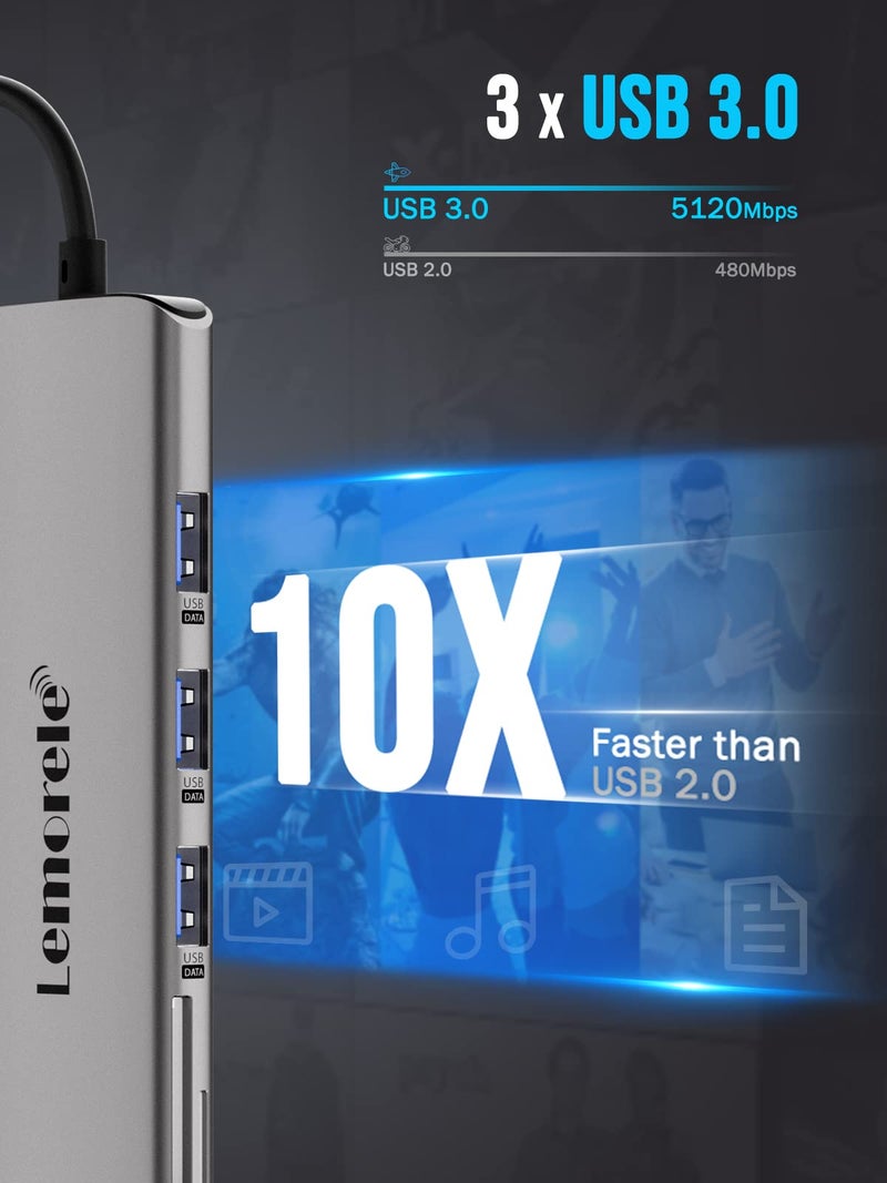 Lemorele 8-in-1 USB Hub for Laptop - 4K UHD HDMI Port, Space Aluminum Type-C Hub, USB 3.0 High-Speed Data Ports, PD 100W Fast Charging, SD/TF Card Slots, Compatible with Mac OS & Windows Systems - Image 5