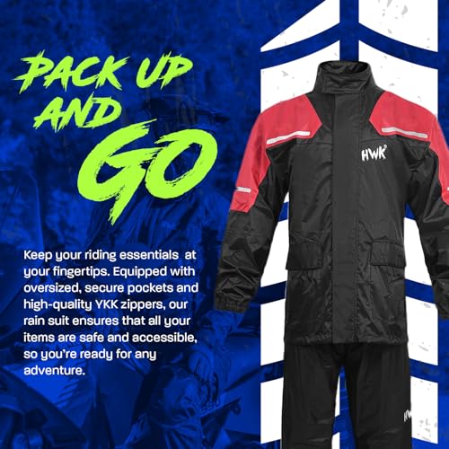 HWK Motorcycle Rain Suit for Men and Women, Two-Piece Waterproof Motorcycle Rain Gear with Reflective Jacket and Pants, All-Season Weatherproof Protection for Riding, Red, Medium - Image 5
