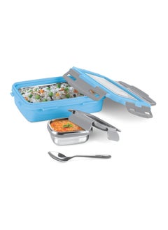 Milton Milton Steely Super Deluxe Insulated Inner Stainless Steel Small Tiffin Box, 400 ml, with Inner Stainless Steel Container, 120 ml and Spoon, Sky Blue | Kids Lunch Box | Easy to Carry | Easy to Clean  - Image 1