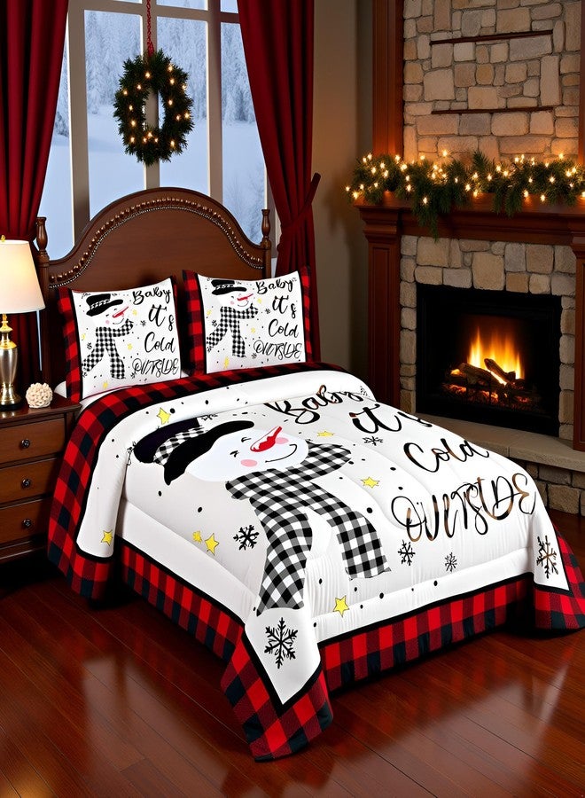 Man Fei Kids Christmas Snowman Comforter Set Queen Size,Snowflake Winter Bedding Set,Girls Boys Adults Xmas Decor,Geometric Grids Lattices Patch Down Comforter,Red Rustic Vintage Duvet Insert,2 Pillowcases - Image 3